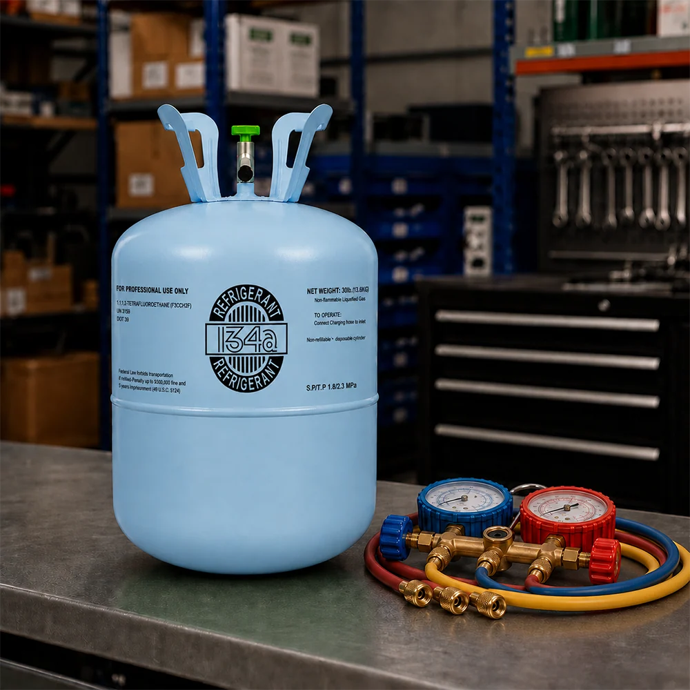 30 lb R134A Refrigerant Cylinder for Automotive A/C & Refrigeration in use